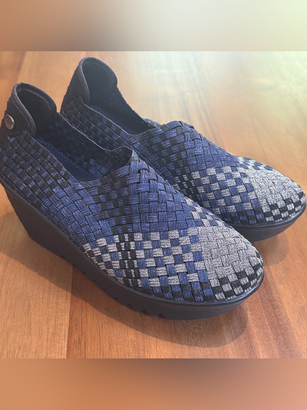 NWOB Bernie Mev Gem Yael Wedge Slip-On Sneakers Jeans Combo sz EU 38 / US 7.5